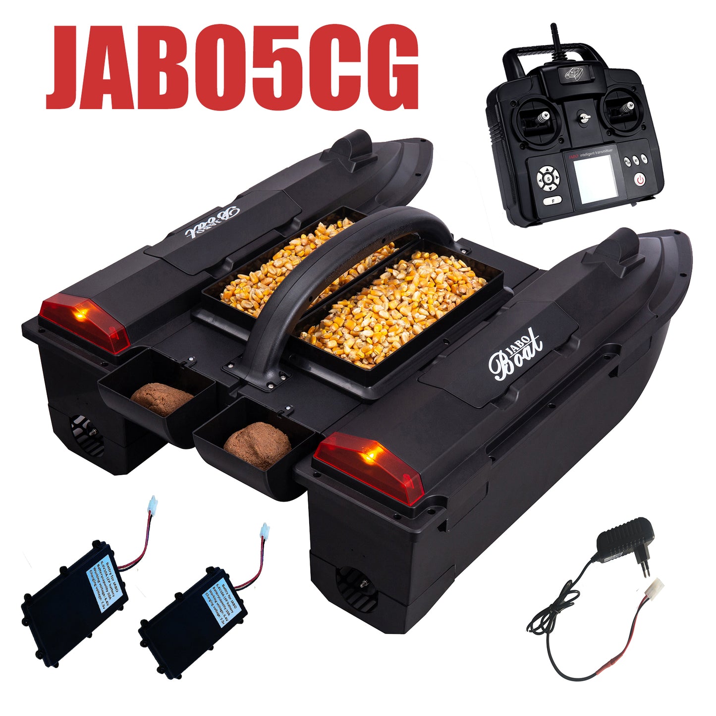 JABO5CG Bait Boat with Auto navigation fish finder 4 bait silos Memorize 32 bait points 11 languages