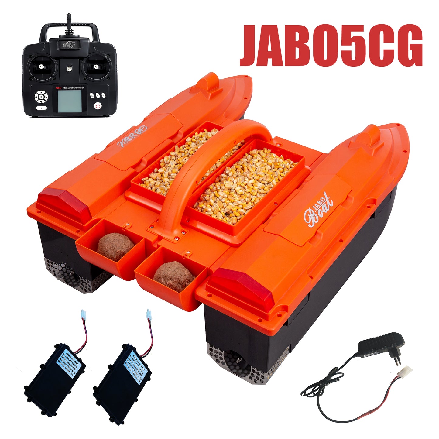 JABO5CG-orange Bait Boat with Auto navigation fish finder 4 bait silos Memorize 32 bait points 11 languages