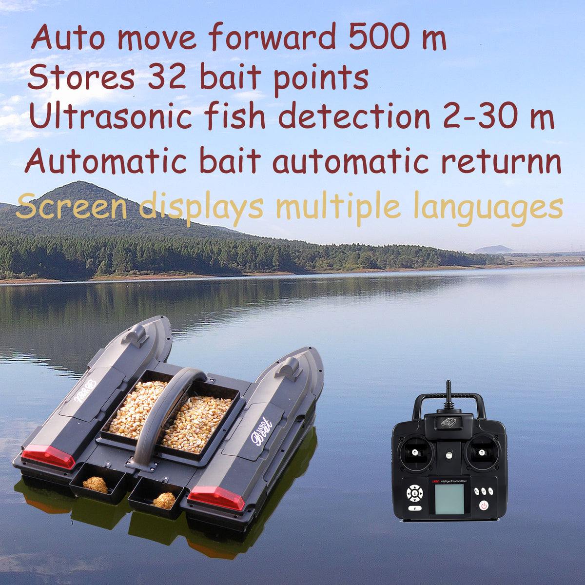 JABO5CG Bait Boat with Auto navigation fish finder  4 bait silos Memorize 32 bait points 11 languages